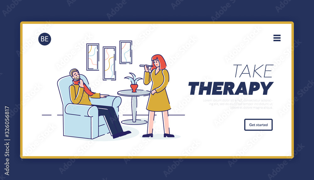 Health care Concept. Website Landing Page. Woman Is Measuring The Temperature Of Young Sick Man With Sore Throat And Influenza Symptoms. Web Page Cartoon Outline Linear Flat Vector illustration
