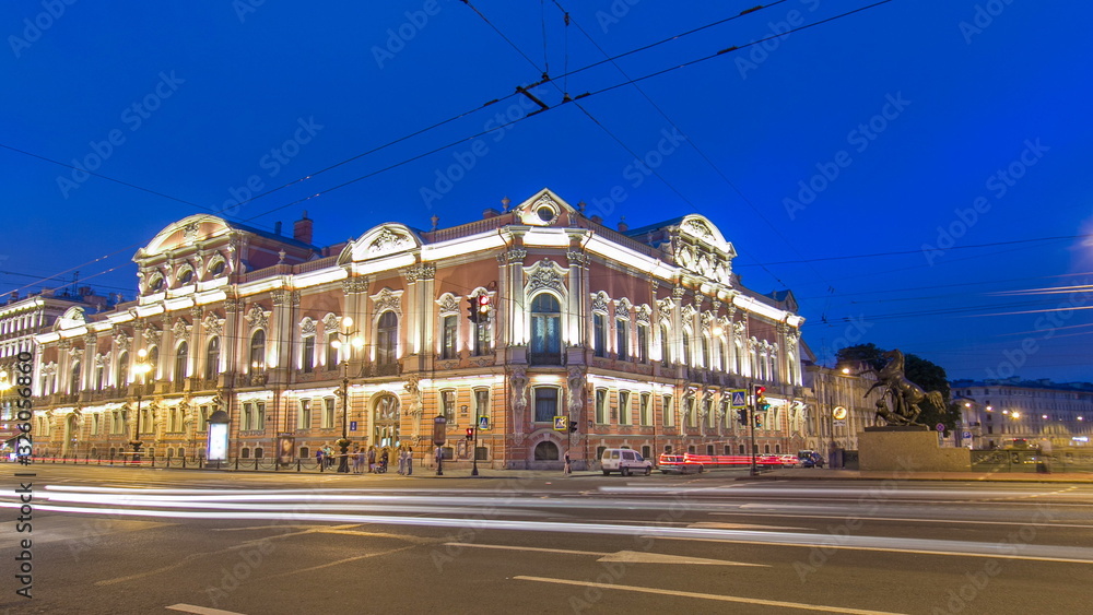 Beloselsky-Belozersky Palace from Anichkov Bridge night timelapse , St. Petersburg, Russia