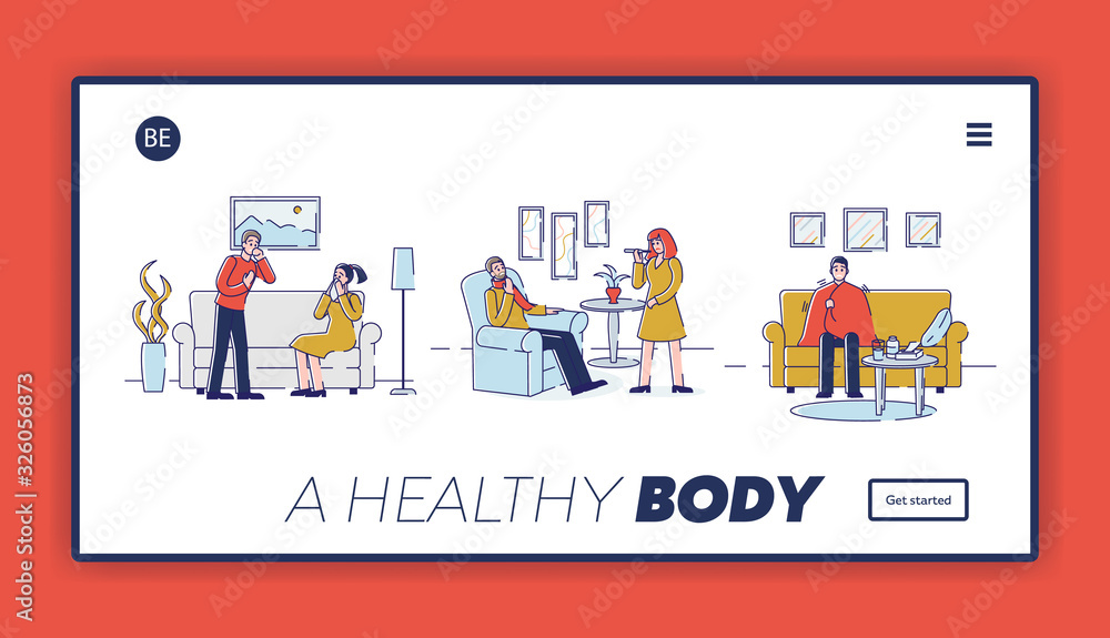 Health care and Common Cold Concept. Website Landing Page. Sick People With Influenza Symptoms. Treatment Process At Home. Set Of Web Pages Cartoon Outline Linear Flat Vector illustrations