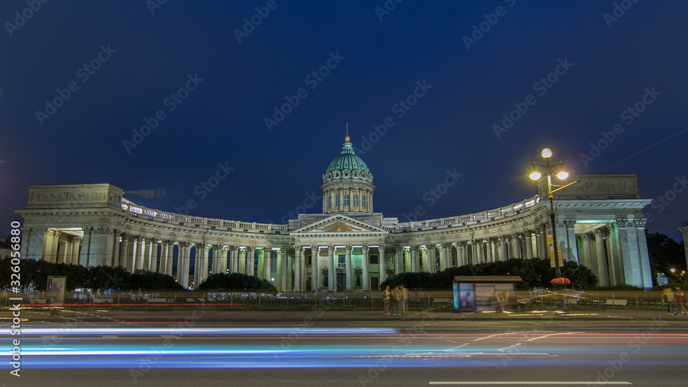 Fototapeta premium Kazan Cathedral Kazanskiy Kafedralniy Sobor in St. Petersburg during the White Nights in the summer timelapse