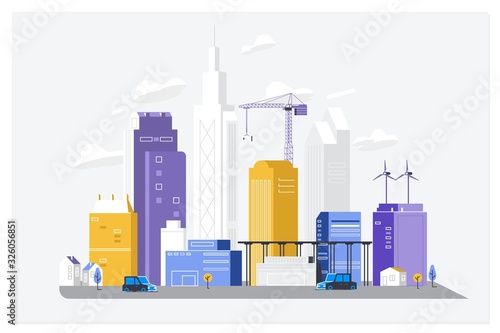 City landscape. Modern architecture, buildings, skyscrapers. Flat vector illustration. 3d style