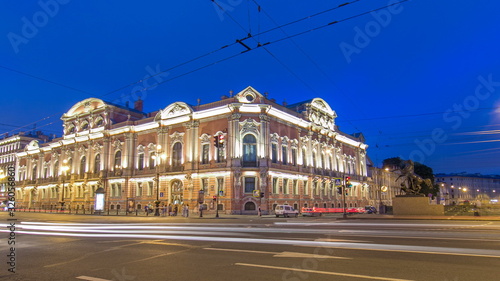 Fototapeta Naklejka Na Ścianę i Meble -  Beloselsky-Belozersky Palace from Anichkov Bridge night timelapse , St. Petersburg, Russia