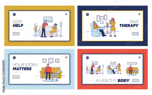 Health care, Common Cold And Treatment Concept. Website Landing Page. Sick People At Home With Influenza Symptoms. Set Of Web Pages Cartoon Outline Linear Flat Vector illustrations