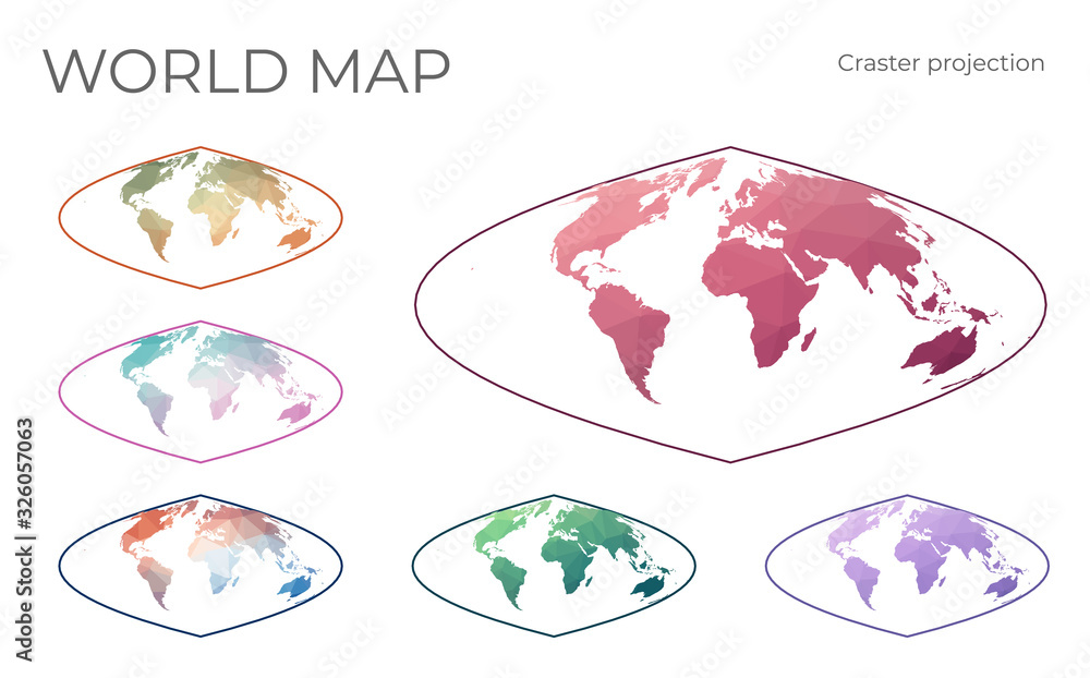 Low Poly World Map Set. Craster parabolic projection. Collection of the