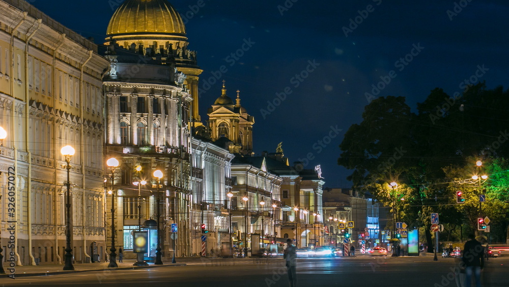 Saint Isaac's cathedral from the Palace square night timelapse in Saint Petersburg, Russia.