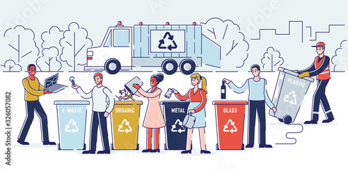 Recycling And Zero Waste Concept. People Are Sorting Garbage Throwing Trash Into Appropriate Recycle Bins. Refuse Collector Loading Waste Into Garbage Truck. Cartoon Outline Flat Vector Illustration