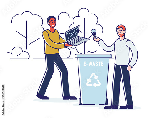 Recycling, Saving Ecology And Zero Waste Concept. People Are Throwing E Waste Into Recycle Bin. Men Are Throwing Broken Laptop And Bulb Into Dumpster. Cartoon Outline Flat Vector Illustration