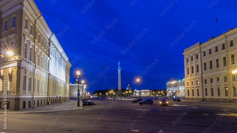 Palace Square and Alexander column timelapse  in St. Petersburg at night, Russia.