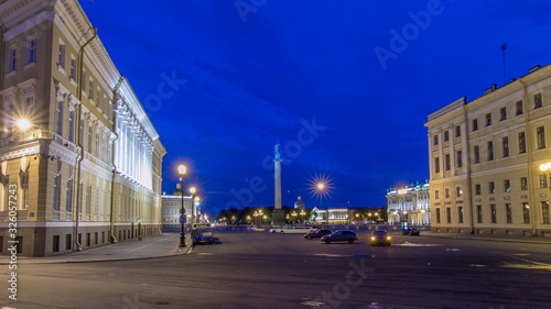 Palace Square and Alexander column timelapse in St. Petersburg at night, Russia.