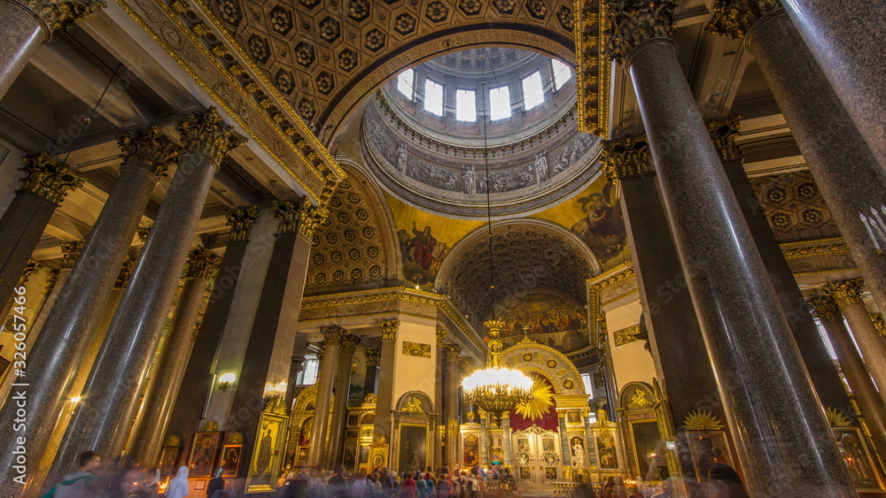 Interior of Kazan Cathedral with people timelapse . SAINT PETERSBURG, RUSSIA