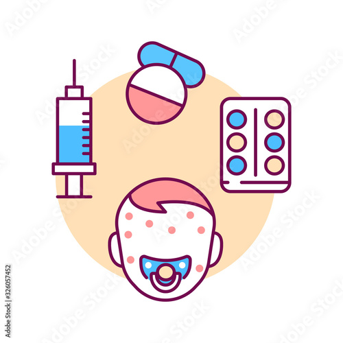 Pediatric infectious disease color line icon. Skin rash. Dermatological diseases in children. Pictogram for web page, mobile app, promo. UI UX GUI design element.