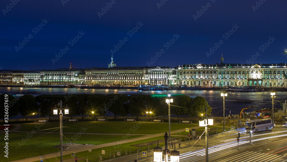 The Palace embankment and the rostral column timelapse June night. St. Petersburg, Russia