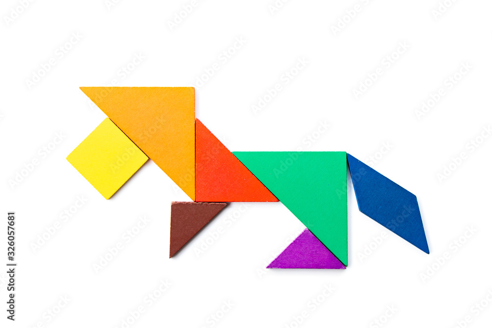 Color wood tangram puzzle in lion shape on white background Color wood tangram puzzle in lion shape on white background