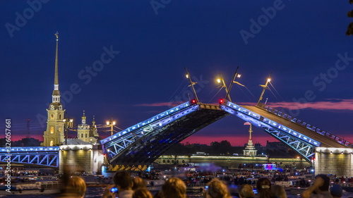 View of the opening Palace Bridge timelapse, which spans - the spire of Peter and Paul Fortress