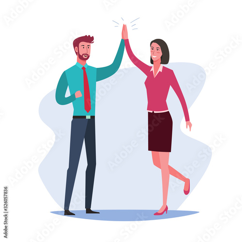 Happy business people giving high five. Cheerful coworker and colleague at office
