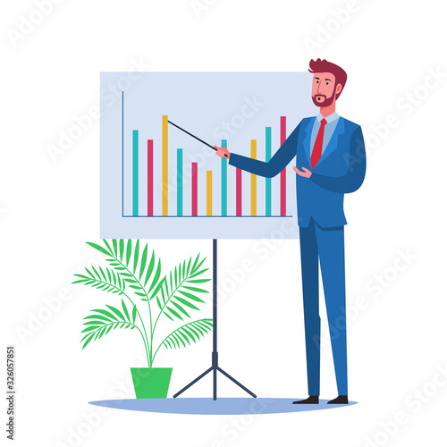 Businessman giving speech and presenting charts on whiteboard. Business presentation