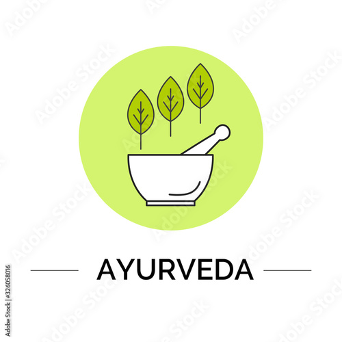 Vector ayurveda logotype template with isolated linear leaves, mortar, pestle on a white backdrop for ayurvedic shop, alternative medicine center, natural organic products, homeopathy.