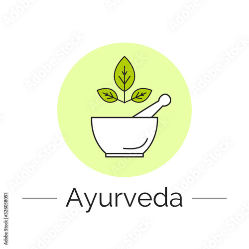 Vector ayurveda logotype template with isolated linear leaves, mortar, pestle on a white backdrop for ayurvedic shop, alternative medicine center, natural organic products, homeopathy.