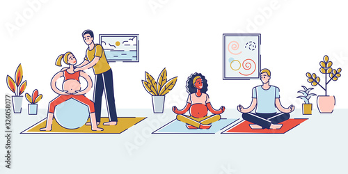 Concept Of Yoga For Pregnant, Sport Fitness Activities. Happy Couples Men and Women Waiting Baby Are Exercising In Gym. Husbands Help To Their Wives. Cartoon Outline Linear Flat Vector Illustration