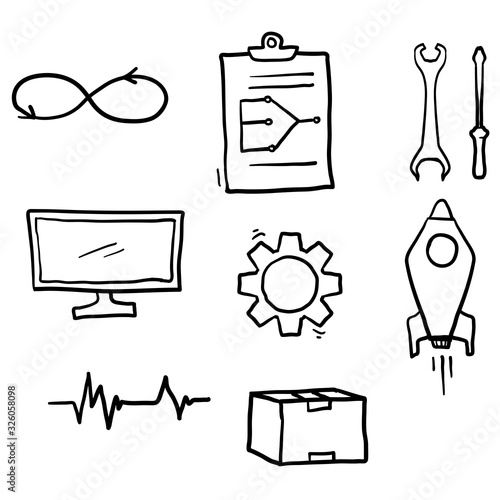hand drawn doodle collection Icon Set symbol for Plan, Build, Code, Test, Release, Monitor, Operate and Package illustration vector