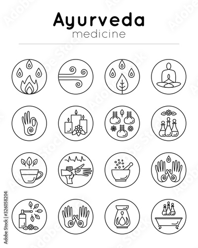 Vector illustration with set of isolated ayurveda icons on white background in trendy linear style for design alternative medicine center, ayurvedic massage, landing, website, yoga studio.