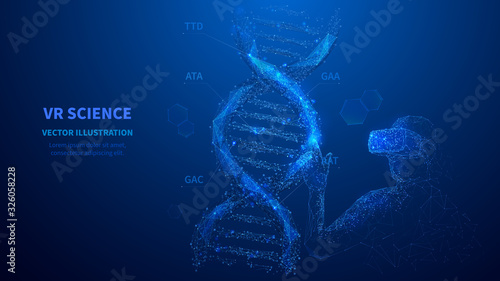 Virtual reality medicine or science concept. Abstract man in VR touching on DNA virtual model. Low poly wireframe digital technology vector illustration. Futuristic polygonal art. Polygons and dots.