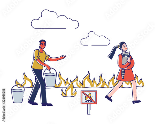 Forest Wildfire Concept. People Rescue Forest And Animals From Fire. Global Catastrophe, Climate Cataclysm. Volunteers Extinguishing, Rescuing Animals. Cartoon Outline Linear Flat Vector Illustration