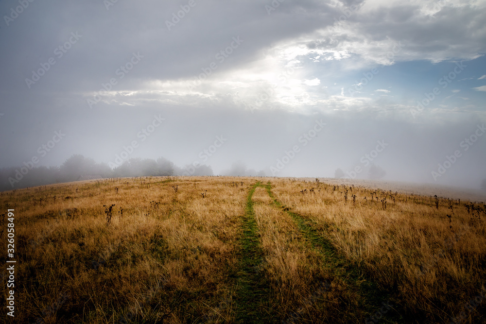 Beautiful morning mountains in fog. Summer mountains.