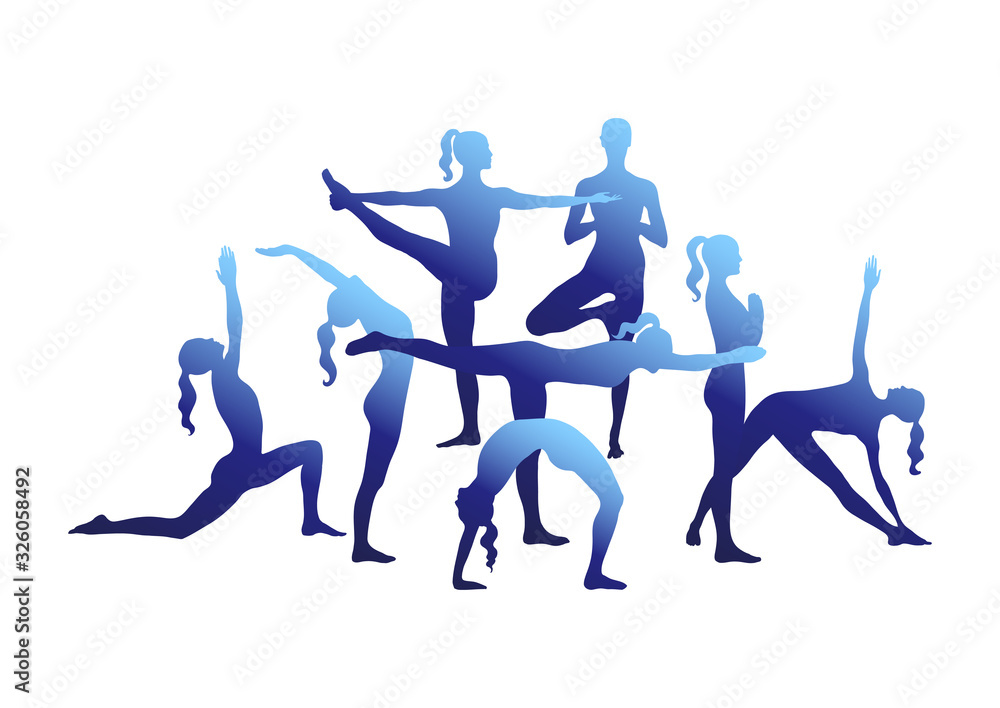 Set of vector girls silhouettes in yoga asana in gradient color for design website, landing page, poster, banner. Isolated women in blue tones as illustration for Yoga day banner, fitness center.