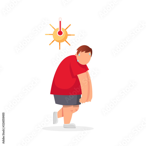 A young man sweats and walks under the sun. Vector flat cartoon illustration