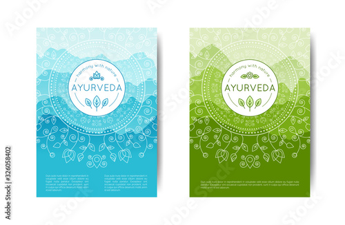 Vector Ayurveda illustration with covers set with text in gradient colors for use as template of presentation, advertisement ayurvedic shop, massage, website, yoga studio, alternative medicine center.