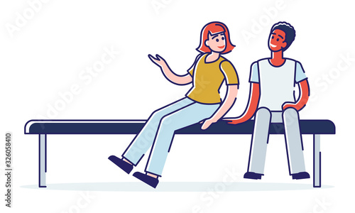 Concept Of Health Care And Medicine, Social People Health Awareness, Children And Adults Vaccination. Children Are Waiting For Vaccination In A Queue. Cartoon Outline Linear Flat Vector Illustration