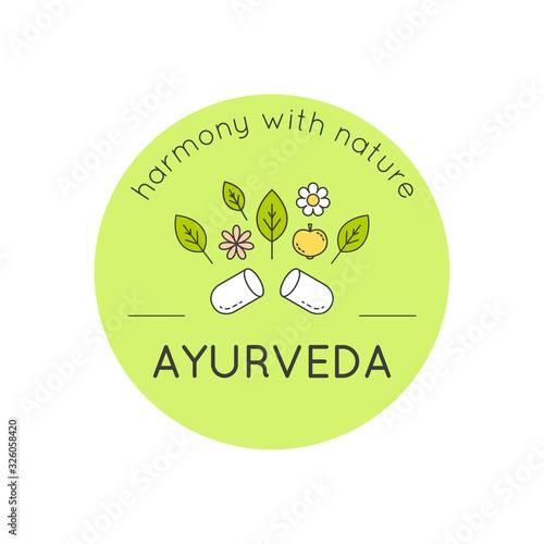 921Vector ayurveda illustration with isolated linear leaves, flowers, fruits on a white backdrop for use as logo template of ayurvedic shop, alternative medicine center, natural organic products, mass