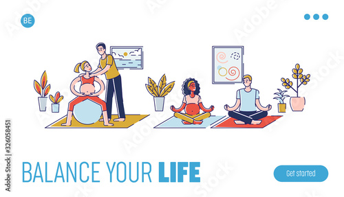 Concept Of Yoga For Pregnant, Sport Fitness Activities. Website Landing Page. Happy Couples Men and Women Waiting Baby Are Exercising In Gym. Web Page Cartoon Outline Linear Flat Vector Illustration