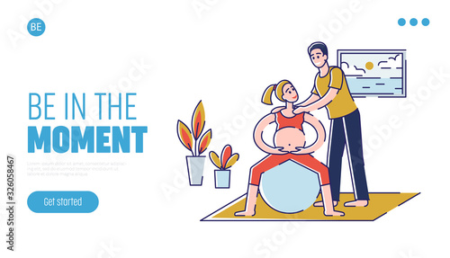 Concept Of Yoga For Pregnant, Sport Fitness Activities. Website Landing Page. Happy Couple Man and Pregnant Woman Visiting Parenting Classes. Web Page Cartoon Outline Linear Flat Vector Illustration