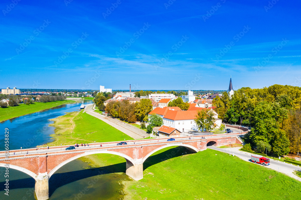 Croatia, town of Sisak, aerial view from drone of the old town center