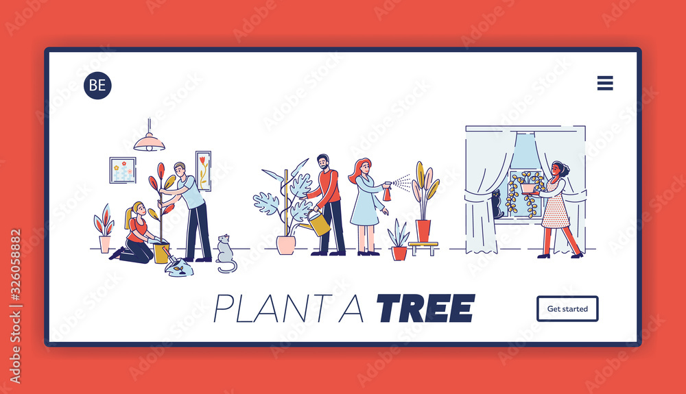 People Gardening at Home Website Landing Page. Happy Family Couple Homework with Plants, Caring of Flowers, Removing and Watering from Can Cartoon Flat Vector Illustration, Line Art Web Page Banner