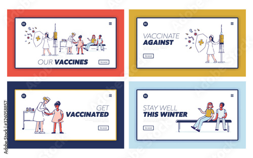 Kids Ill Prevention, Healthcare Website Landing Page Set. Doctor Put Vaccine Injection to Child. Children Get Vaccination from Flu Disease Web Page Banner. Cartoon Flat Vector Illustration, Line Art
