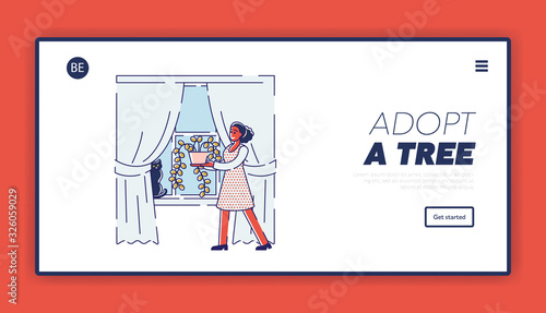 Planter Hobby Website Landing Page. Young Woman Caring for Plants Carry Potted Flower to Put on Window at Home. Botanist Planting Houseplant Web Page Banner. Cartoon Flat Vector Illustration, Line Art