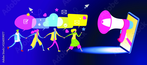 Referral marketing. Promotion method. Refer a friend loyalty program.  Men and women with speech bubbles.