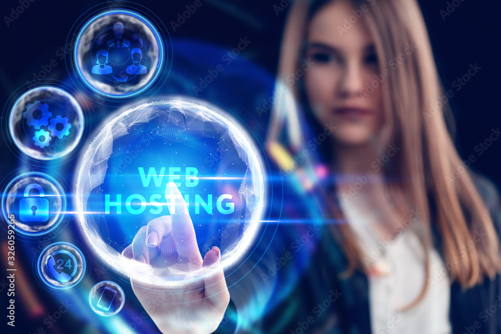 Fototapeta premium Business, Technology, Internet and network concept. Young businessman working on a virtual screen of the future and sees the inscription: Web hosting