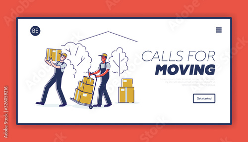 Relocation and Moving into New House Website Landing Page. Workers Wearing Uniform Pushing Trolley with Cardboard Boxes. Loader Service Web Page Banner. Cartoon Flat Vector Illustration, Line Art