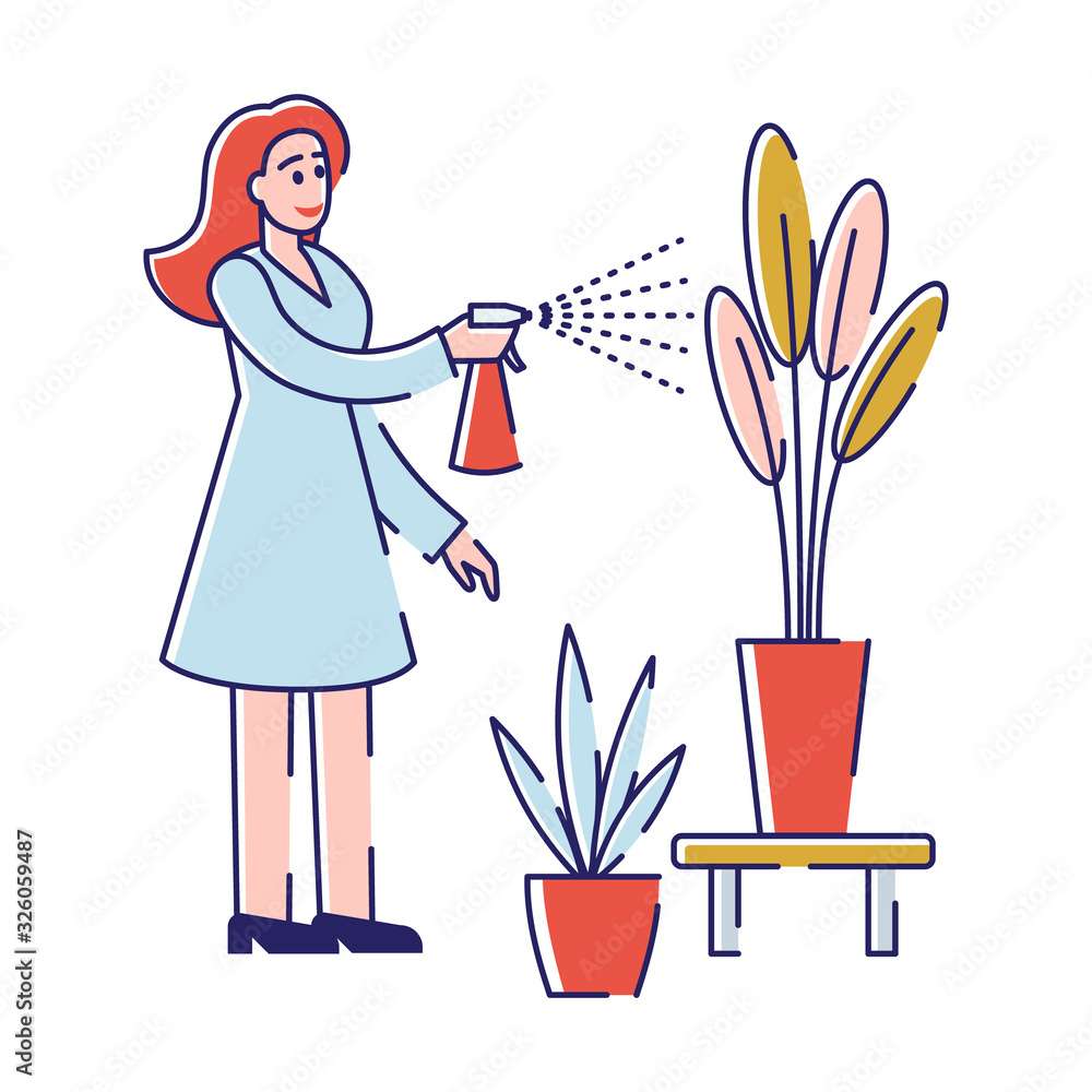 Fototapeta premium Woman Botanist Watering Home Plant in Flowerpot from Sprayer Bottle. Gardening Hobby, Character Care of Domestic Flower in Pot in Greenhouse or Orangery Cartoon Flat Vector Illustration, Line Art