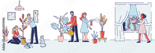 People Gardening at Home. Happy Family Couple Homework with Plants. Man and Woman Characters Caring of Flowers, Removing to another Pot, Watering from Can. Cartoon Flat Vector Illustration, Line Art