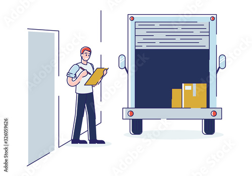 Worker Signing in Clipboard Stand at Van with Big Cardboard Boxes. Relocation and Moving into New House Concept. Professional Delivery Company Loader Service Cartoon Flat Vector Illustration, Line Art