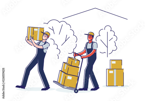 Relocation and Moving into New House Concept. Workers Wearing Uniform Pushing Trolley with Cardboard Boxes. Professional Delivery Company Loader Service Cartoon Flat Vector Illustration, Line Art