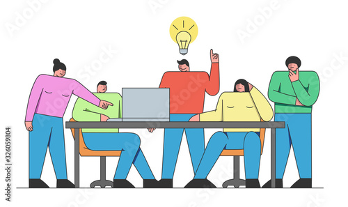 Brainstorming Concept. Creative People With Teamleader Is Thinking Of And Developing New Project Or Startup In the Office. Business People Collection. Cartoon Outline Linear Flat Vector Illustration