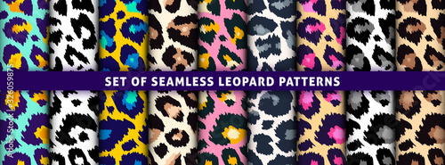 Trendy leopard seamless pattern set. Hand drawn fashionable wild animal skin color texture collection for print design, fabric, textile, wrapping paper, background, wallpaper. Vector illustration photo