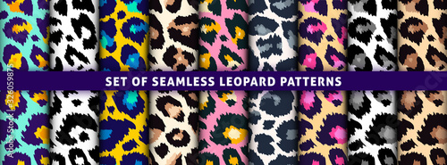 Trendy leopard seamless pattern set. Hand drawn fashionable wild animal skin color texture collection for print design, fabric, textile, wrapping paper, background, wallpaper. Vector illustration