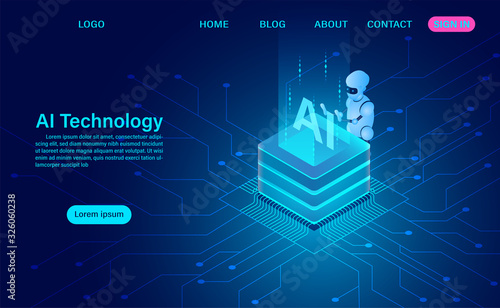 artificial intelligence robot technology. system analysis. big data processing. isometric vector neon dark
